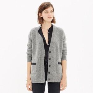 Madewell Lambs Wool with Leather Trim Button Up Grey Cardigan Small